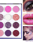 Purple Pink Glitter Eyeshadow Palette - 12 Color Shimmer High Pigmented Powder Lasting Waterproof Colorful Eyeshadow Palette for Girl Women