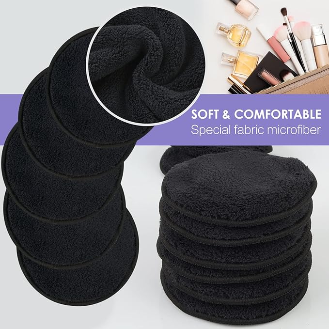 SUNLAND Reusable Makeup Remover Pads for Face,Eyes,Lips 16 Pack Microfiber Face Cleansing Gloves Washable with Laundry Bag and Travel Bag Rounds Toner Pads (Round 3.15inchx16, Black)