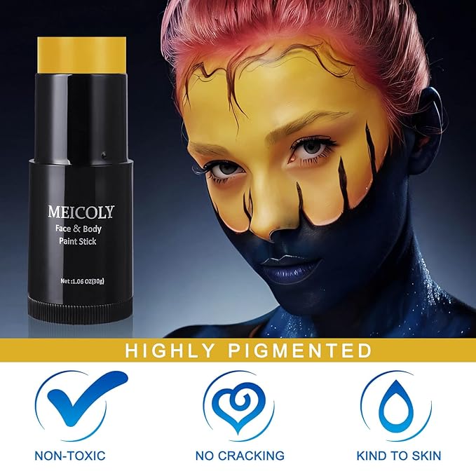 MEICOLY Yellow Face Body Paint Stick(1.06 Oz),Sally Makeup Dress Face Paint,Scarecrow Body Paint Stick,Sweatproof Waterproof Ginger Tan Face Paint for Halloween Special Effects SFX Cosplay