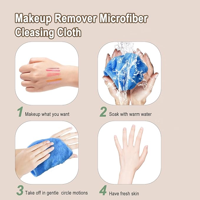 KODAMO Makeup Remover Cloth, 6 inch x 6 inch Reusable Makeup Remover Pads Washable Travel Bag, Microfiber Makeup Removal Face Wash Cloths with Just Water, Gentle Soft, 12 Pack