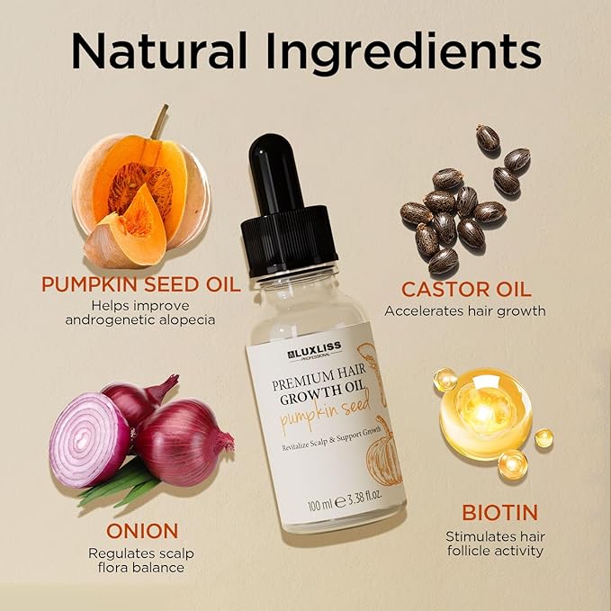 LUXLISS Pumpkin Seed Oil, 2-in-1 Formula Combining Essence and Essential Oil, Easily Absorbed, Non-greasy, Promotes Hair Growth, Deeply Moisturizes the Scalp - 3.38 fl oz