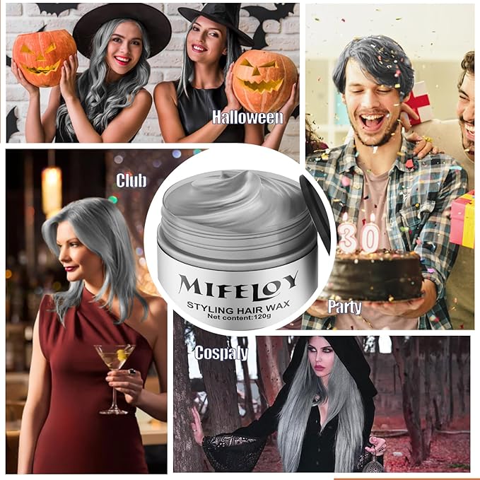 Temporary Silver Gray Hair Spray Color Wax 4.23 oz, Instant Natural Hairstyle Cream Dye, Disposable Coloring Mud for Men Women Youth, Grey Styling Pomades, Party Cosplay DIY Halloween