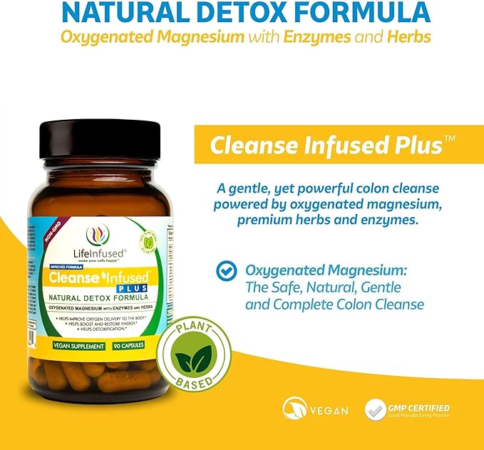 Life Infused Cleanse Infused Plus - Premium Natural Colon Cleanser with Oxygenated Magnesium, Herbs, and Enzymes, Helps Relieve Constipation Gently, Detoxifies Blood, Colon, Liver & Kidneys (90 Caps)