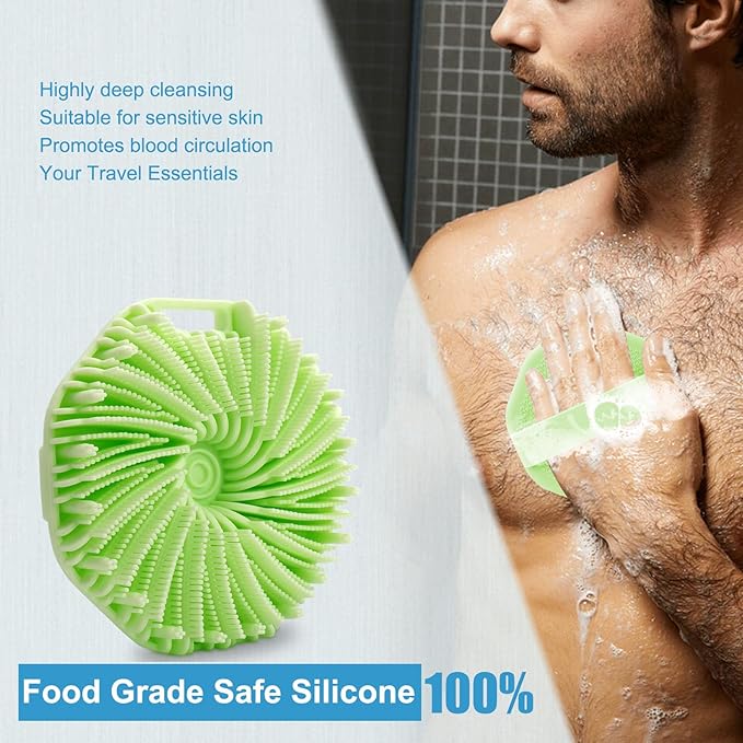 Silicone Body Scrubber, Exfoliating Shower Scrubber, Non-Slip Handle for Easy Cleaning, Travel Friendly (Green)