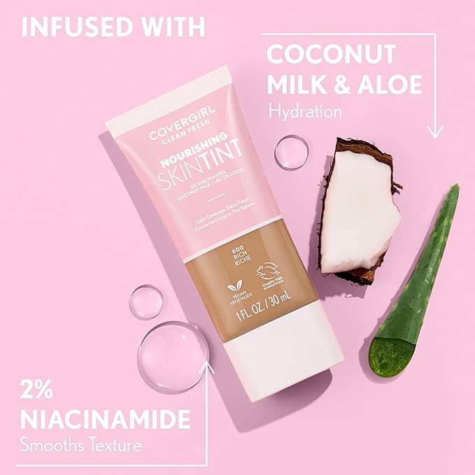COVERGIRL Clean Fresh Nourishing Skin Tint, 620 Deep, Liquid Foundation, Dewy Finish, Infused with Coconut & Aloe, Vegan Formula
