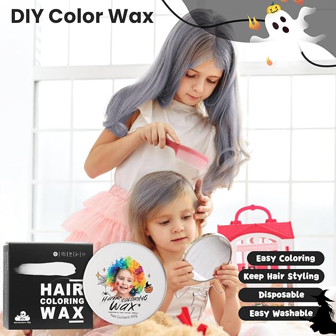 Temporary Silver White Hair Color Wax for Kids, Women Men Colored Hair Styling Mud, Washable Style Dye for Girl Boy Teens, DIY Instant Hair Coloring Gel Cream for Cosplay Halloween Children's Day