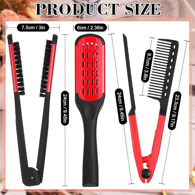 CHENGU 2 Pcs Straightening Comb For Hair, Boar Bristles Clamp Double Sided Brush Hair Straightening Brushes Comb Flat Iron Styling for Knotty Unkempt(Black, Red)