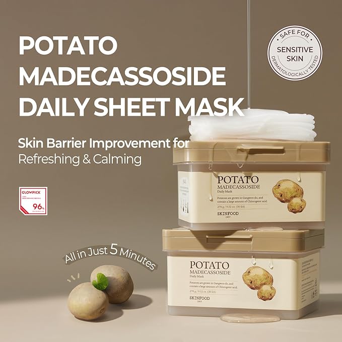 SKINFOOD Potato Madecassoside Daily Sheet Mask, Korean 5-Minute Quick Skincare Hack, Soothing & Skin Barrier Face Mask for Damaged Skin, Bulk Pack (30EA)