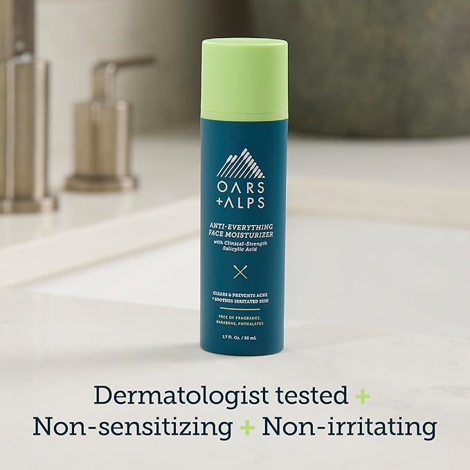 Oars + Alps Anti-Everything Facial Moisturizer with 1.0% Salicylic Acid Anti Acne Treatment, Fragrance Free Acne Fighting Face Moisturizer, Non-Greasy & Free of Parabens + Phthalates, 1.7 fl. oz