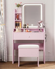 LIKIMIO Small Makeup Vanity Desk with Mirror and Lights, Vanity Table Set with Storage Drawer, Chair and Three Shelves, Bedroom, Pink