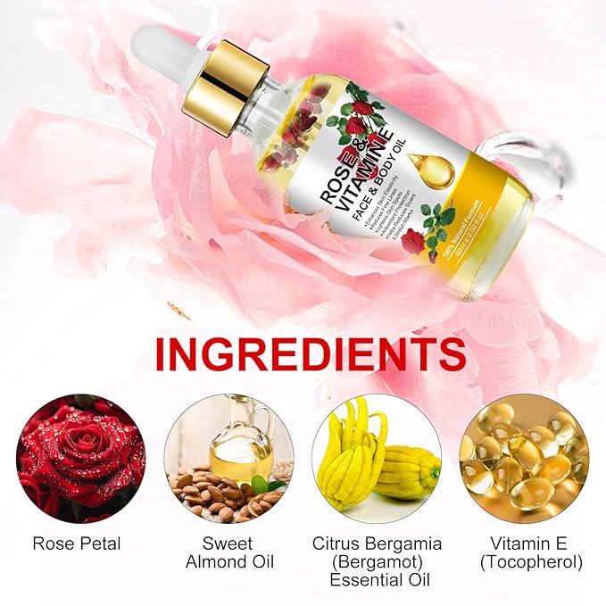 Vitamin E Oil, Rose Oil, Vitamin E Oil for Face, Organic Vitamin E Oil, Rose & Vitamin E Moisturizer Oil for Face and Skin Care 2 Fl Oz