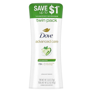 Dove Advanced Care Antiperspirant Deodorant Stick for Women Cool Essentials For 48 Hour Protection And Soft And Comfortable Underarms, 2.6 oz 2 Count
