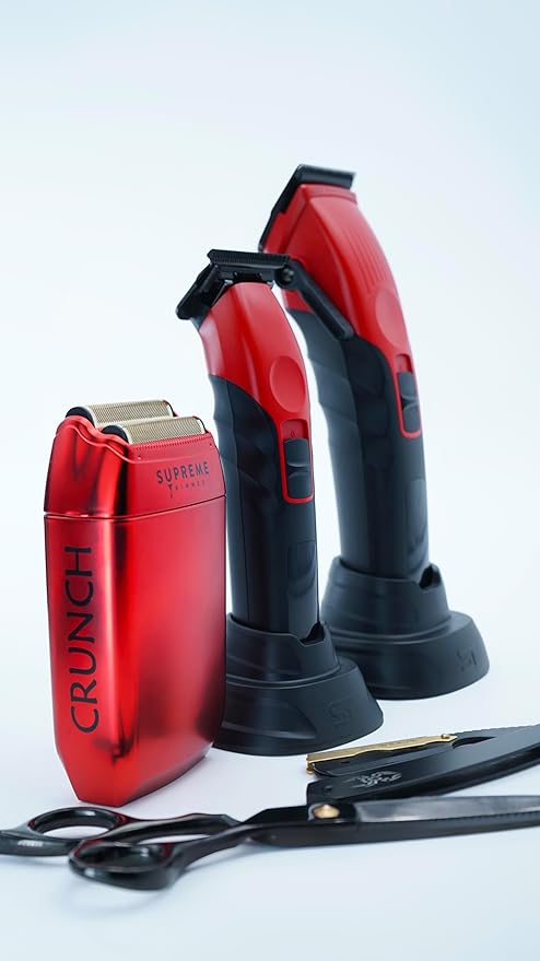 Supreme Trimmer 3-in-1 Barber Bundle | 2Spee Clipper, 2Spee Trimmer & Crunch Foil Shaver | Professional Beard Trimmer Men’s Hair Clipper Kit | Red