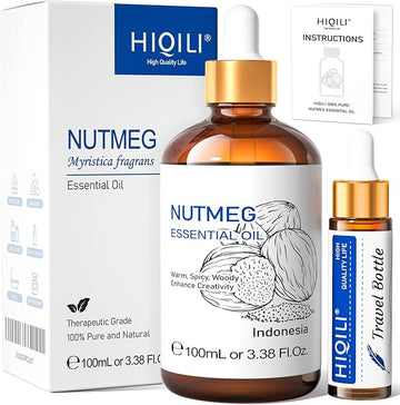 HIQILI Nutmeg Essential Oil 3.38 Fl Oz, Pure Natural Nutmeg Oil for Aromatherapy, Diffuser - 100ml