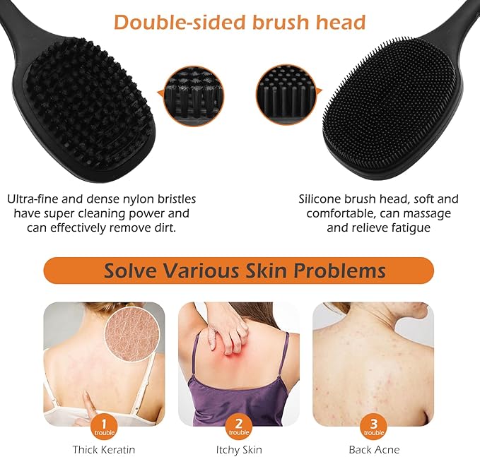 VWMYQ Back Scrubber for Shower, New Update Double Sided Body Scrub Brush Long Handle with Soft Silicone Bristles and Stiff Nylon Bristles for Shower Exfoliating and Massage Can Produce More Rich Foam