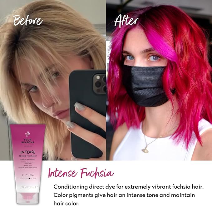 Four Reasons Color Mask INTENSE- Fuchsia – (27 Colors) Intensive Toning Treatment - Color Depositing Conditioner – Semi Permanent Hair Dye for Lightened and Colored Hair– 100% Vegan, 6.76 fl oz