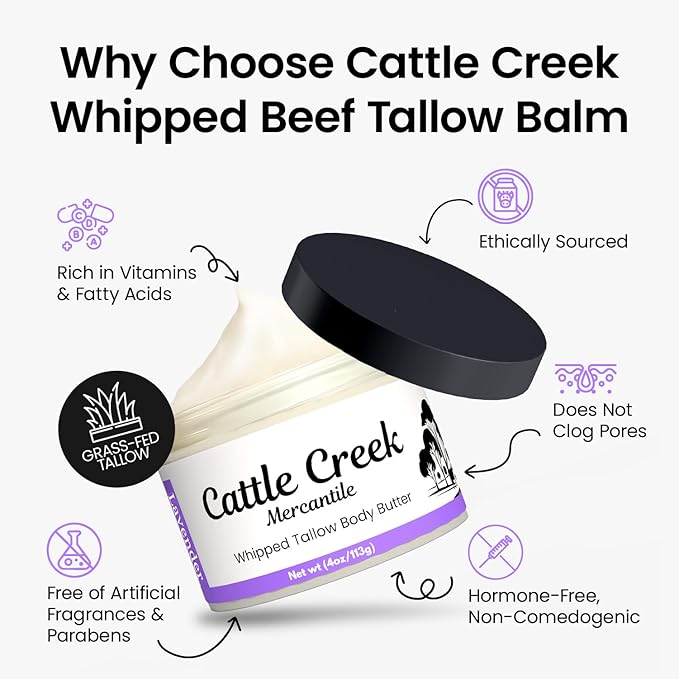 Cattle Creek Whipped Beef Tallow for Skin & Face – Deeply Moisturizing Tallow Balm – Organic Grass-Fed Skincare – Nourishes Dry, Sensitive Skin– Non-Comedogenic, Fast-Absorbing (4oz, Lavender Vanilla)
