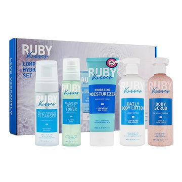 Ruby Kisses Complete Hydration Skincare Set, Face & Body Essentials, Includes Daily Foaming Cleanser, Balancing Mist Toner, Daily Body Lotion, Gentle Body Scrub, Korean Skincare