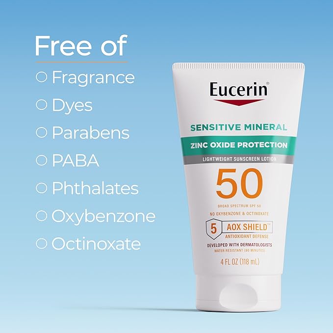 Eucerin Sun Sensitive Mineral Sunscreen Lotion SPF 50 with Zinc Oxide Protection, Hypoallergenic Sunscreen for Sensitive Skin, Oxybenzone and Octinoxate Free, 4 Fl Oz Tube