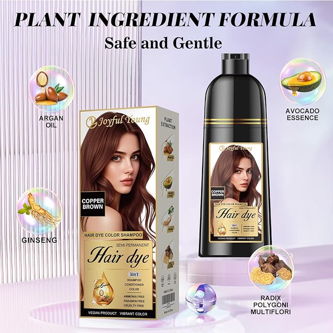 Hair Dye Shampoo 3-in-1 Vegan Color for Gray Hair - Ammonia-Free for Men & Women – Beard & Hair Coloring – Instant Gray Coverage Champú Para Canas Mujer & Hombre (COPPER BROWN)