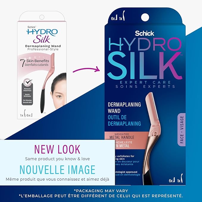 Schick Hydro Silk Dermaplaning Wand, Dermaplaning Tool for Face | Dermaplane Razor for Women Face, Eyebrow Razor, Peach Fuzz Remover, Includes 1 Weighted Metal Handle with 6 Refill Blades