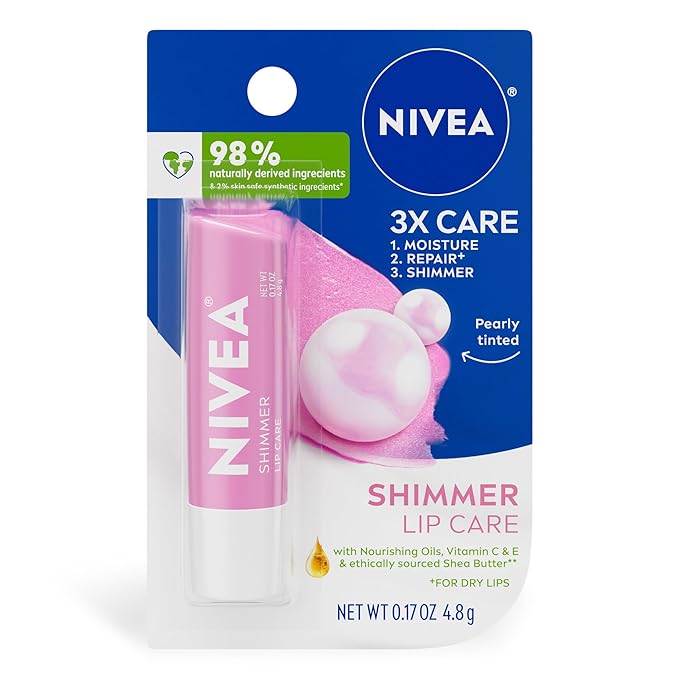 NIVEA Shimmer Lip Care, Shimmer Lip Balm with Shea Butter, Nourishing Oils and Vitamin C & E, 3-in-1 Moisture, Repair (for Dry Lips) and Shimmer, 0.17 Oz Stick