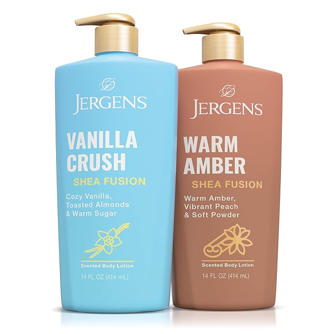 Jergens Shea Fusion Body Lotion Dual Pack, Moisturizer with Shea Butter and Vitamin E, Vanilla Crush 14 fl oz and Warm Amber 14 fl oz, Pack of 2