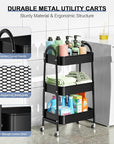 EAGMAK 3 Tier Utility Rolling Cart, Metal Storage Cart with Handle and Lockable Wheels, Multifunctional Storage Organizer Trolley with Mesh Baskets for Kitchen, Living Room, Office, Garage (Black)