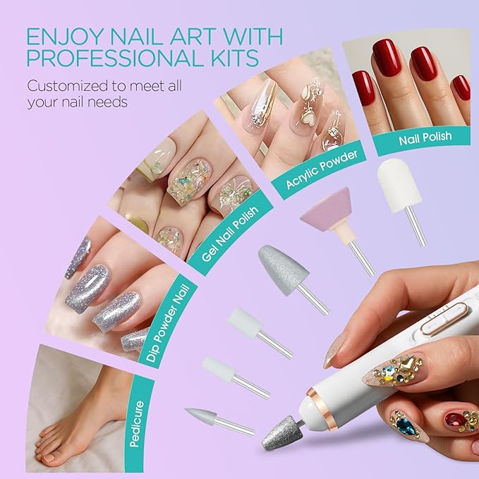 Electric Nail Drill, Cordless Nail File Machine Kit 2 Directions & Speeds for Acrylic, Gel Nails, Rechargeable with LED & 6 Nail Drill Bits for Professional Manicure and Pedicure,Gold ND310