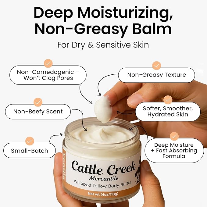 Cattle Creek Whipped Beef Tallow for Skin & Face – Deeply Moisturizing Tallow Balm – Organic Grass-Fed Skincare – Nourishes Dry, Sensitive Skin– Non-Comedogenic, Fast-Absorbing (4oz, Vanilla)