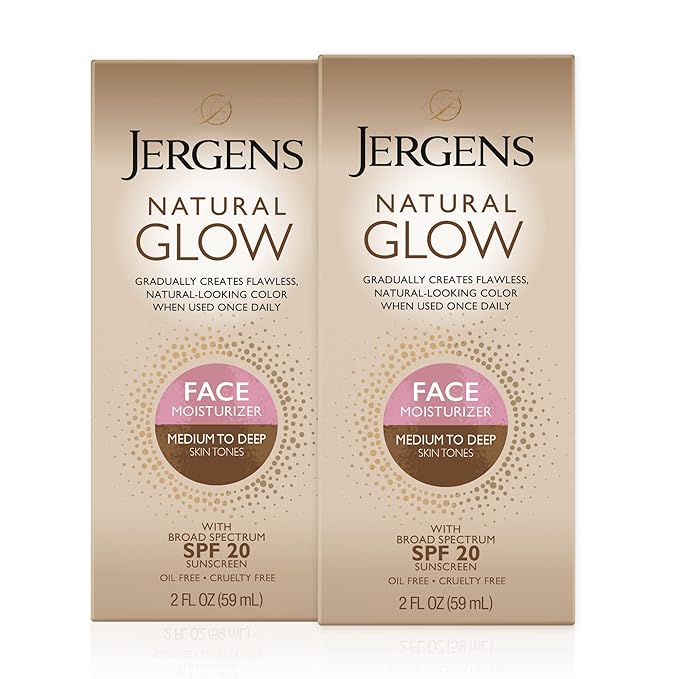 Jergens Natural Glow Face Self Tanner Lotion with SPF 20, Sunless Tanning, Medium to Deep Skin Tone Moisturizer, Daily Facial Sunscreen, Oil Free, Broad Spectrum UVA and UVB Protection,2 Oz(Pack of 2)