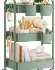 YASONIC 3-Tier Rolling Cart, Green, 66 Pounds Capacity, Mesh Storage Organizer with Lockable Wheels, 3 Hanging Cups, 4 Hooks, Easy Assembly, for Kitchen, Bathroom, Laundry, Grocery