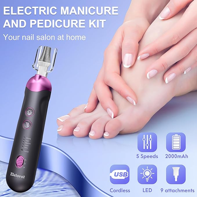 Manicure Pedicure Kit for Women Men: Eletorot Professional Electric Nail File Set, 5 Speeds Rechargeable Cordless Toe Nail Grinder Cuticle Tools for Feet Care, Gifts for Dad Boyfriend Grandpa Son