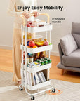 Pipishell 4 Tier Mesh Utility Cart, Rolling Metal Organization Cart with Handle and Lockable Wheels, Multifunctional Storage Shelves for Kitchen Living Room Office White, PIUC12W