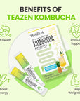 TEAZEN Pineapple Kombucha Tea, Hydration Drink Mix, Sugar Free, Live Probiotics & Prebiotics, 10 Sticks, 1.76oz