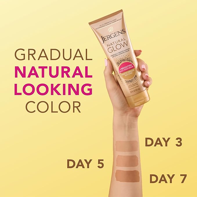 Jergens Natural Glow Self Tanner Body Lotion, Sunless Tanning, Fair to Medium Skin Tone, Daily Moisturizer with Coconut Oil, Vitamin E and Antioxidants, 7.5 Oz