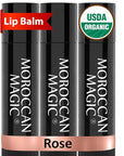 Moroccan Magic Organic Rose Lip Balm 3 Pack | Ultra-Hydrating Argan & Essential Oil Lip Moisturizer + Vitamin E | Natural Chapstick for Dry Lips | Smooth, Non-Toxic | Organic Lip Balm