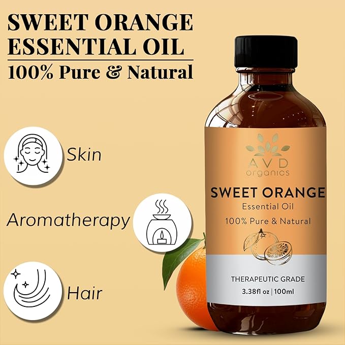 Sweet Orange Essential Oils for Skin | Pure Natural Cold Pressed & Undiluted Sweet Orange Oil |Use in Aromatherapy Diffusers for Mood Lifting | 3.38 fl. Oz