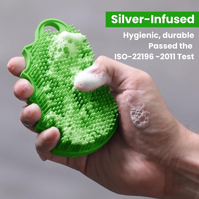 Silicone Body Scrubber Silver-Infused Dual-Sided 3-in-1 for Shower, Body Cleaning+Massage+Exfoliator Body Brush Buffer for Men and Women, Silicone Loofah, Non-Slip Handle (Green)