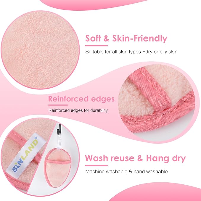 SINLAND Reusable Makeup Remover Pads For Face,Eye,Lips Microfiber Gentle Facial Cleansing Cloths for All Skin Types Friendly for Makeup Remover With Laundry Bag 5.1inchx3.93inch Pink Pack of 6