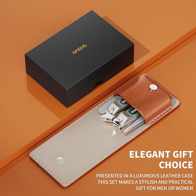 Nail Clippers Set Professional Stainless Steel Manicure Kit with Catcher, Curved & Oblique Clippers, Tweezers, and Nail File in Luxury Leather Case