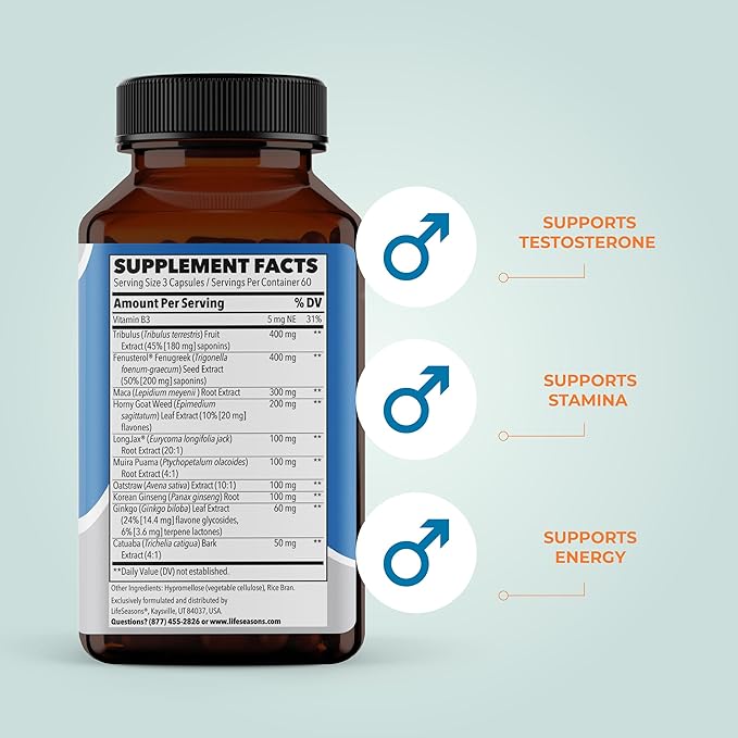 LifeSeasons Masculini-T - Testosterone Support Supplement - Enhances Mental & Physical Aspects of Sexual and Athletic Performance - Supports Normal Erectile Function - Improve Libido - 180 Capsules