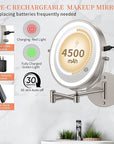 FUNTOUCH 10" 30X/1X Magnifying Wall Mounted Lighted Makeup Mirror, 4500mAh Rechargeable Double Sided Mirror, 3 Color Lights,Touch Dimmable, 360 Rotation Extended Arm with Adapter,Brush Nickel