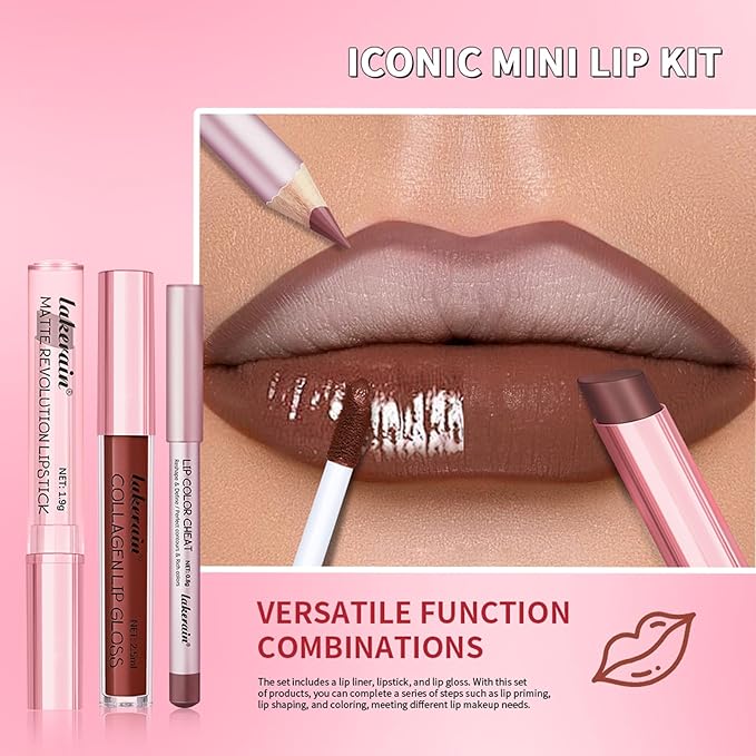 3PCS Lip Liner and Lipstick Combo Set - Matte Lip Liner Pencil, Velvet Matte Lipstick & Hydrating Collagen Lip Gloss - Long-Lasting, Smudge-Proof, High Pigment Nude Brown Lip Makeup Kit (Set 4, 3)