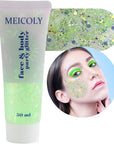 MEICOLY Lime Green Body Glitter,Chunky Chameleon Face Glitter for Halloween Alien Makeup,Color Changing Mermaid Face Glitter Gel,Holographic Glitter for Face Body Hair,Festival Party Cheer Glitter