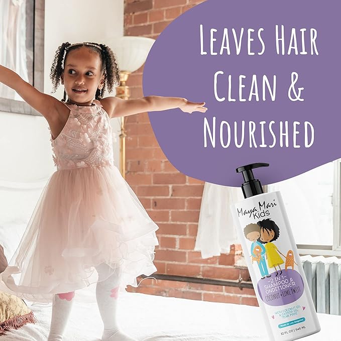 2 in 1 Natural Kids Shampoo and Conditioner, Tear Free | For Toddlers with Curly Hair | For All Kids Hair Types | Coconut & Lime Twist, Made in the USA, 32 Fl Oz
