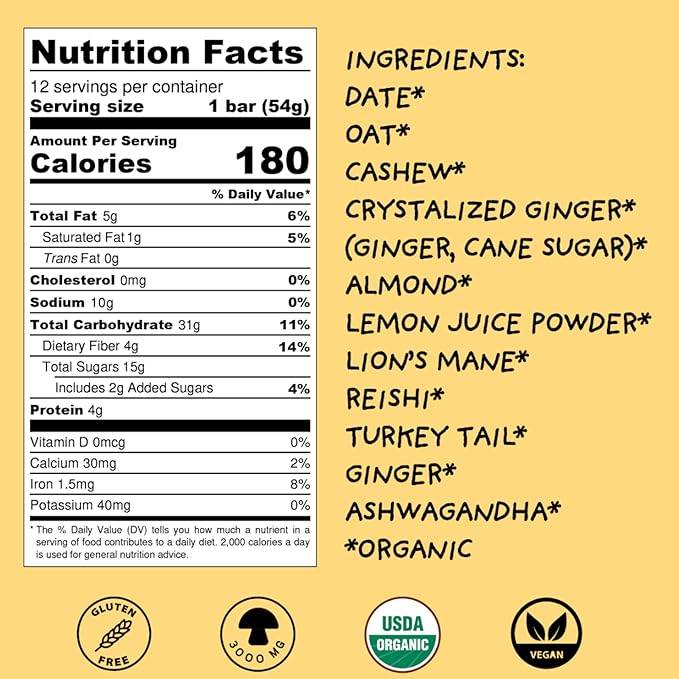 Wise Bar Adaptogen Mushroom Nutrition Bars | Lemon Ginger Flavor | 12 Count | Functional Mushrooms and Adaptogens Bar | Organic Nutrition Energy Bars, Vegan, Gluten Free