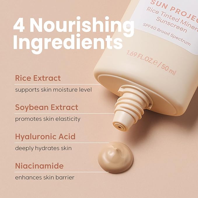 THANKYOU FARMER Sun Project Rice Tinted Mineral Sunscreen SPF40 Broad Spectrum - Korean Face Sunscreen with Zinc Oxide - Tinted SPF with No White Cast, Dermatologist-Tested - 1.69 fl oz