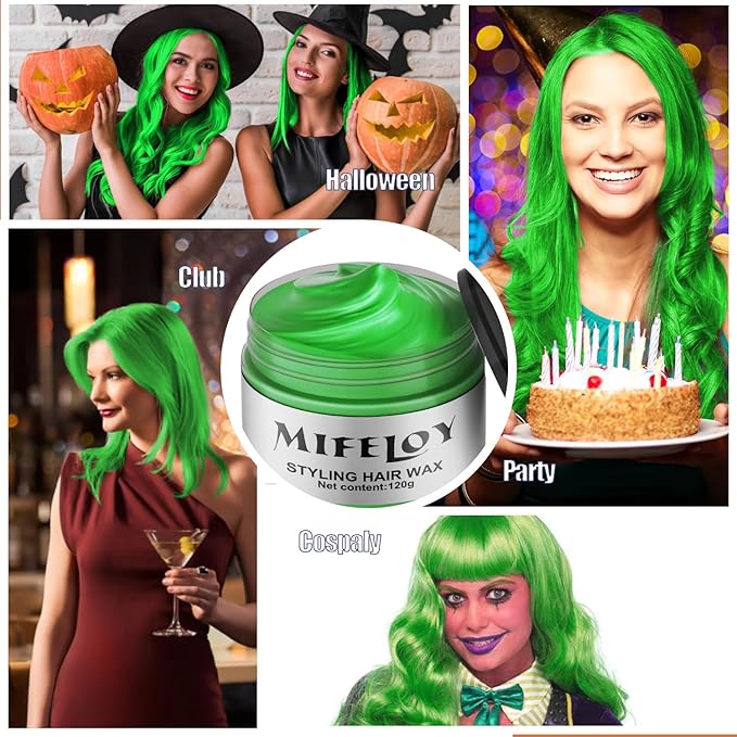 Green Temporary Hair Color Wax, Instant Natural Hairstyle Cream Dye, Washable Styling Pomadesfor Men Girls Women Youth, Disposable Coloring Mud for Party Cosplay DIY Halloween