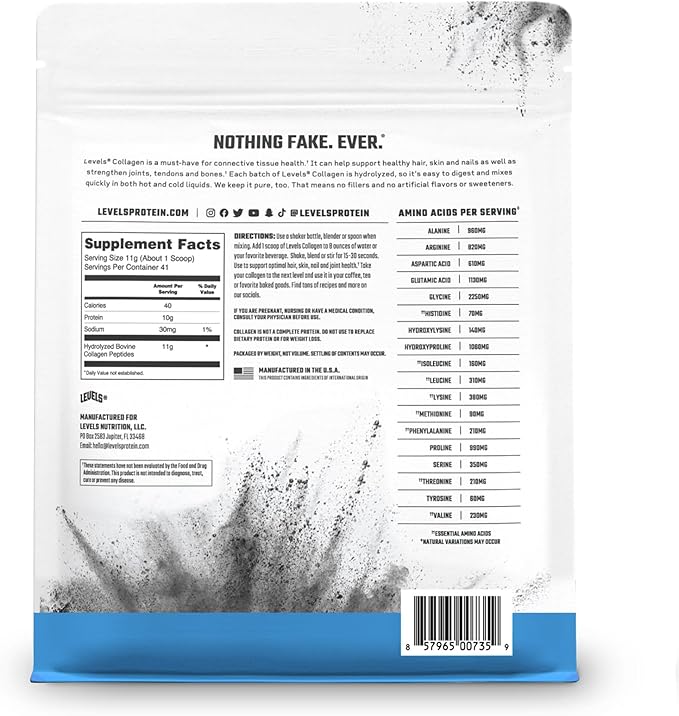 Levels Collagen Peptides, No Artificial Ingredients, 11G of Collagen, Unflavored, 1LB